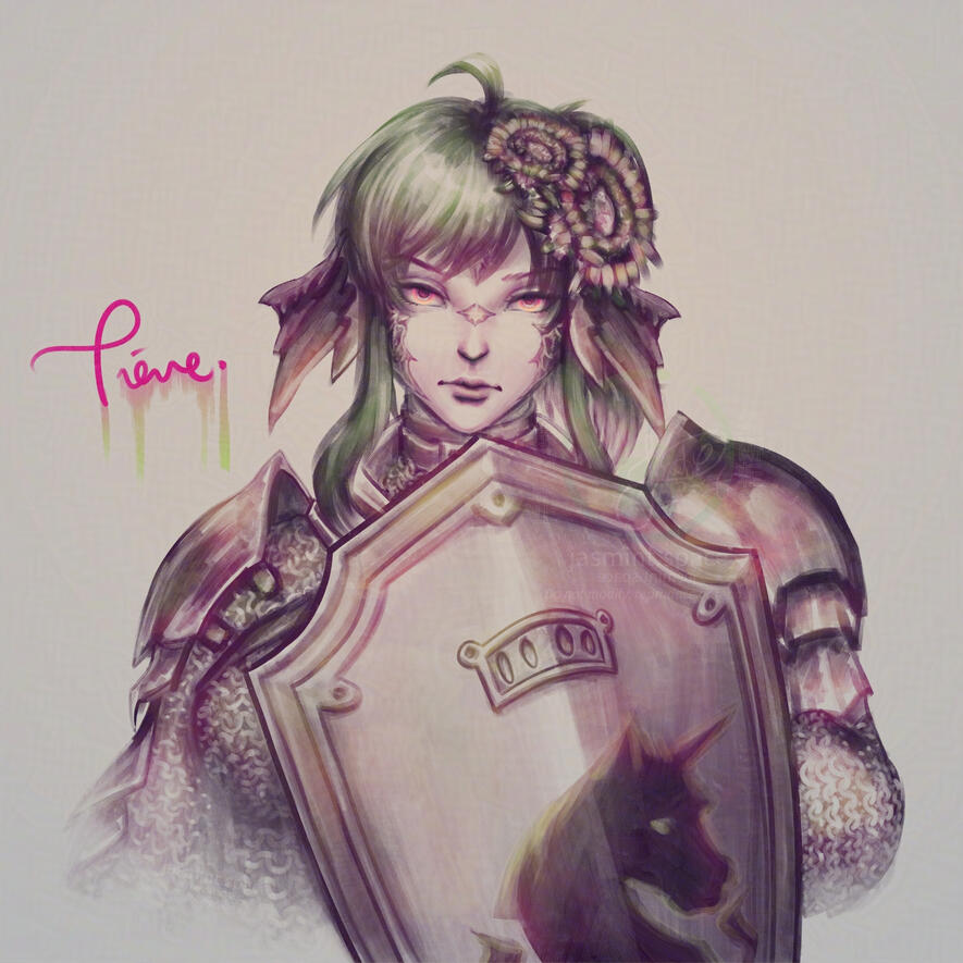 A shaded-style sketch of @thefunkylime.bsky.social's Final Fantasy 14 warrior of light Tieve. She is an paladin Au'ra with hair up in a ponytail, wearing sunflowers in her hair, and the Vigil Resilience set with the House Fortemps kite shield. She gazes at