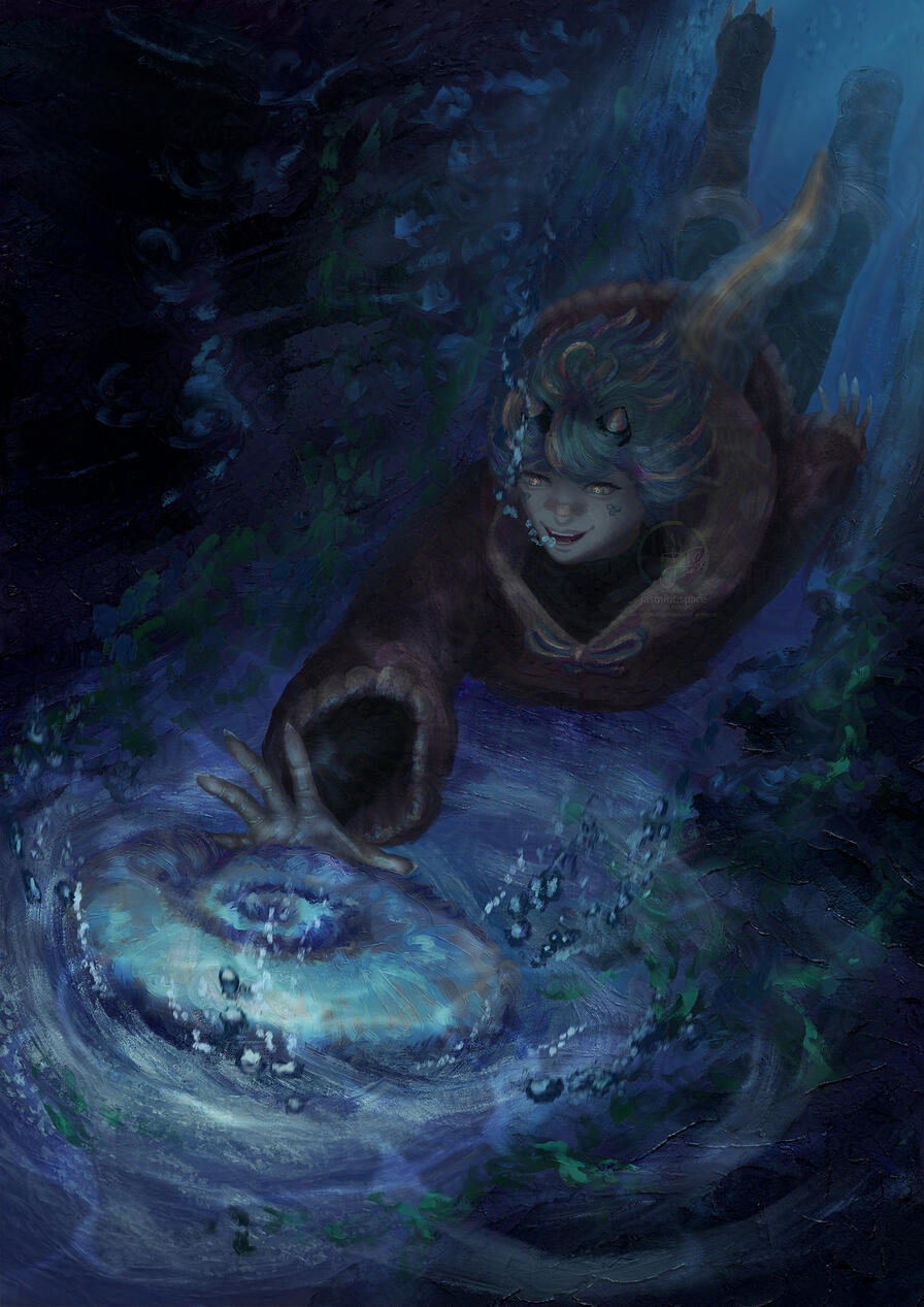 1st place raffle prize for streisaurin.bsky.social, featuring his sona diving for an ammonite on the sea floor. Full-body example.