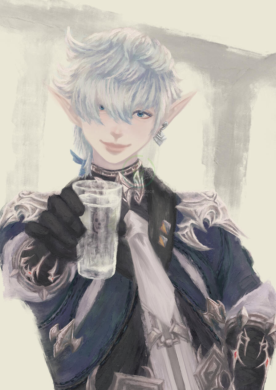 Alphinaud from Final Fantasy 14 hands you a glass of water with a smile on his face and the other hand on his hip. He looks at you intently, wanting you to accept the glass. A skeleton is reflected in the glass. Fan art by Jasmint painted in Krita. Half-bo