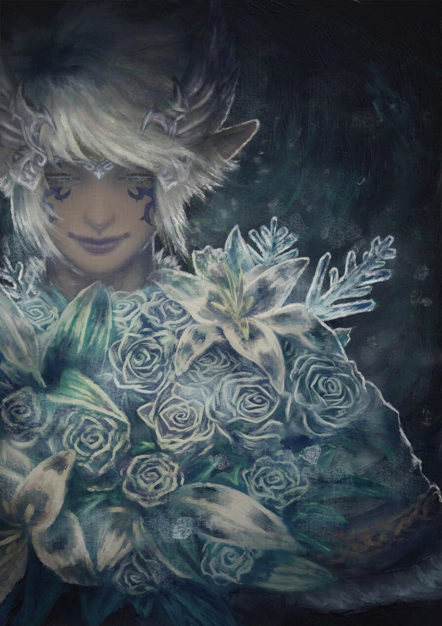 Final Fantasy 14 Warrior of Light Icypole Baguette (paladin male elezen with silver hair) holds a bouquet of roses and lilies made of ice. He looks down at the bouquet in his hands with a wistful, mysterious expression in his face, his eyelids partially cl